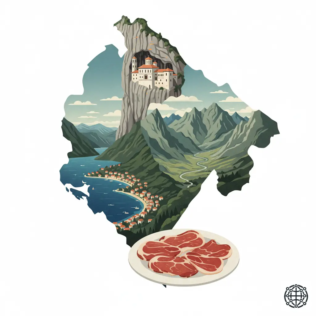 A stylized, modern illustration of Montenegro, featuring the Bay of Kotor, the Ostrog Monastery built into a cliffside, a plate of Njeguški pršut, and the rugged mountains of Durmitor National Park.