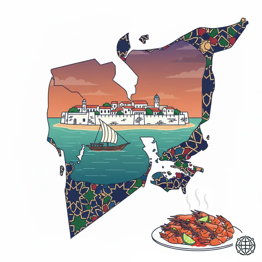A stylized, modern illustration of Mozambique, featuring the Island of Mozambique, a traditional dhow boat, a colorful capulana cloth pattern, and a plate of grilled prawns with piri-piri.