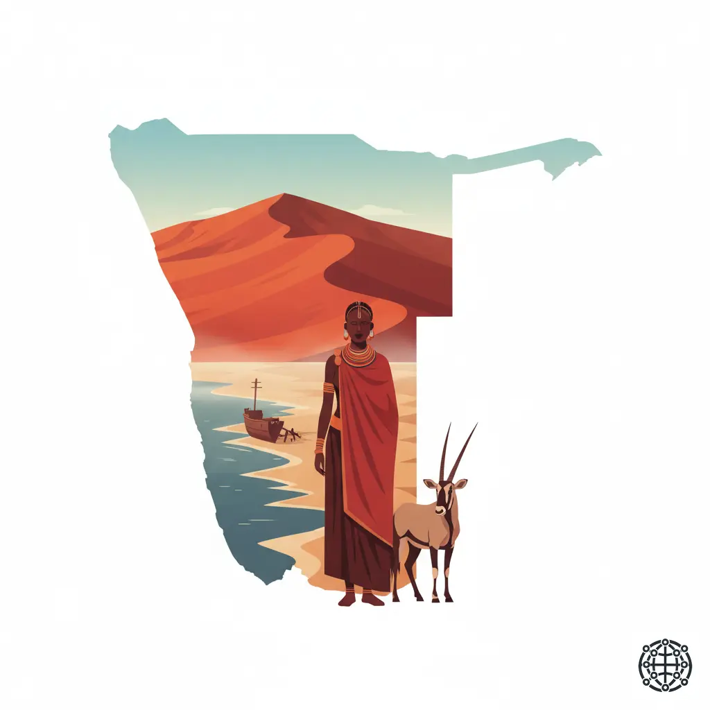 A stylized, modern illustration of Namibia, featuring the towering red dunes of Sossusvlei, a shipwreck on the Skeleton Coast, a Himba woman with traditional adornments, and an oryx.