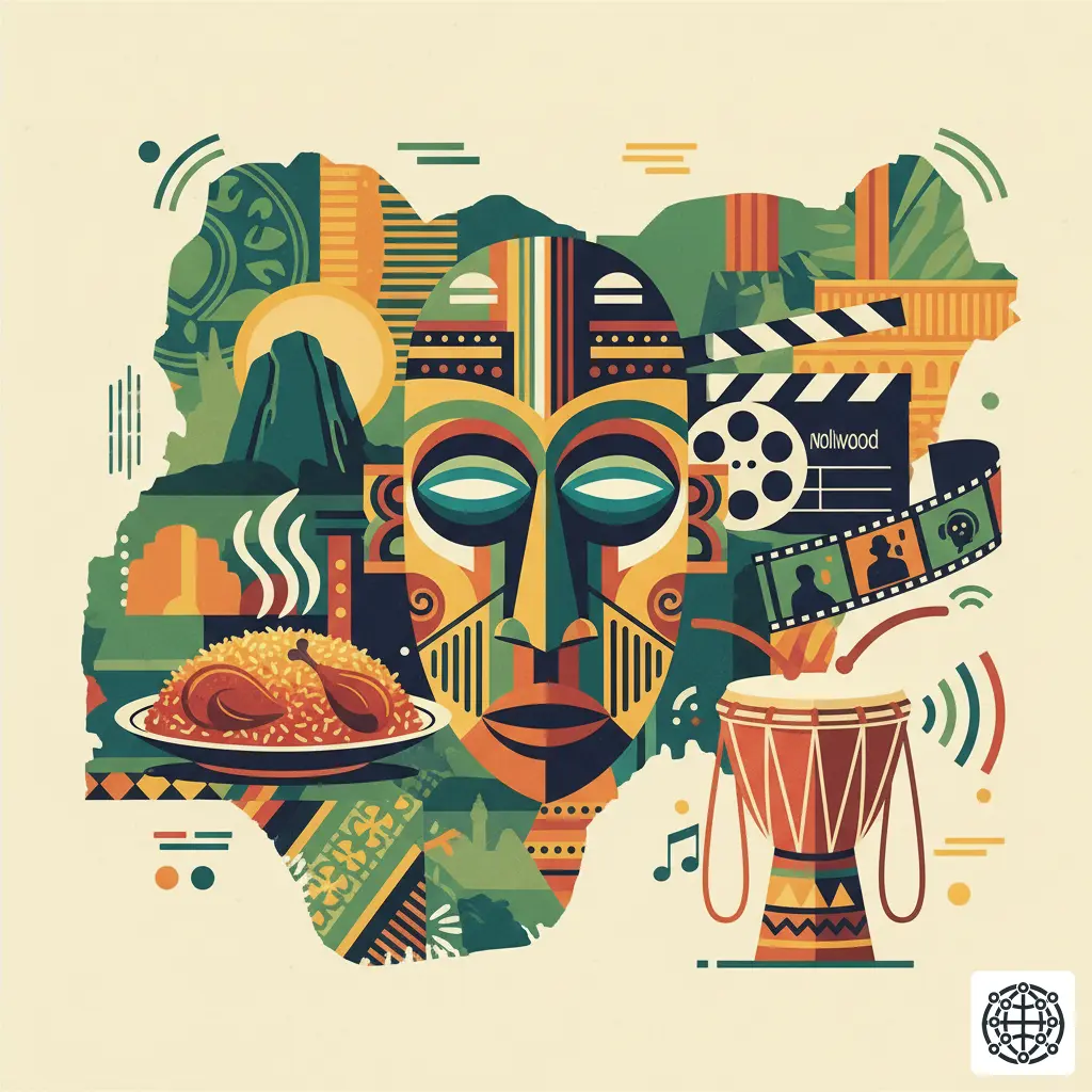 A stylized, modern illustration of Nigeria, featuring a traditional mask, a plate of Jollof rice, a Nollywood film reel, and a talking drum.