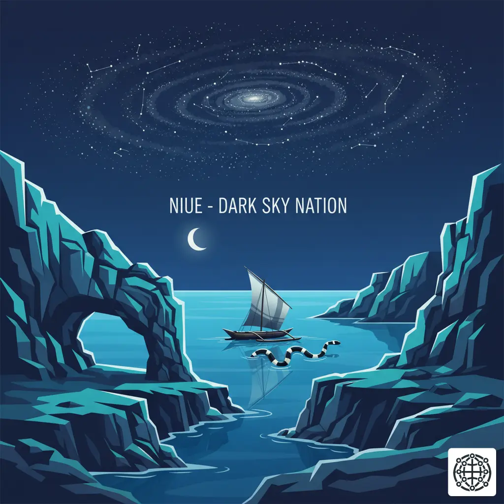 A stylized, modern illustration of Niue, featuring the dramatic coastal arches and chasms, a traditional outrigger canoe, a sea snake (katuali), and the starry sky of a Dark Sky Nation.
