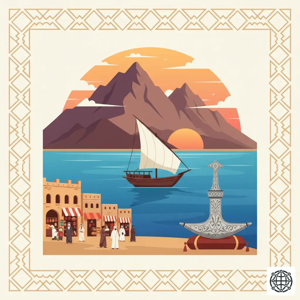 A stylized, modern illustration of Oman, featuring the Muttrah Souq, a traditional Khanjar dagger, a dhow boat sailing at sunset, and the Al Hajar mountains.