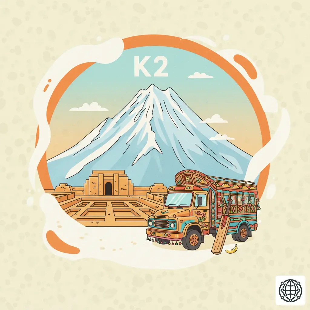 A stylized, modern illustration of Pakistan, featuring the K2 mountain peak, the ancient ruins of Mohenjo-Daro, a brightly decorated truck, and a cricket bat.