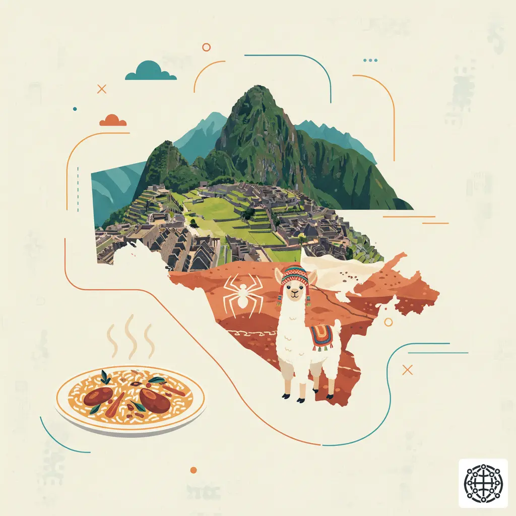 A stylized, modern illustration of Peru, featuring Machu Picchu, a llama wearing a chullo, the Nazca Lines, and a plate of ceviche.