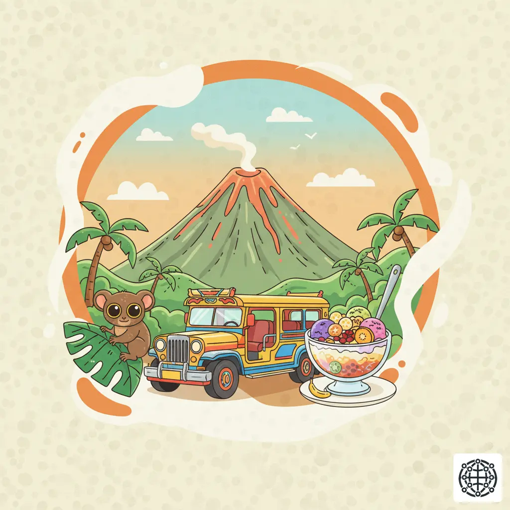 A stylized, modern illustration of the Philippines, featuring the Mayon Volcano, a tarsier, a jeepney, and a bowl of halo-halo.