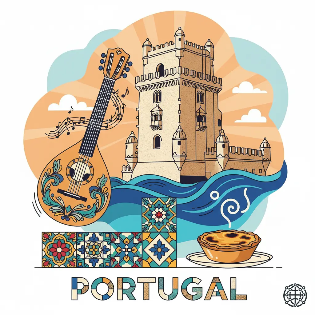 A stylized, modern illustration of Portugal, featuring the Belém Tower, a traditional Fado guitar, colorful Azulejo tiles, and a Pastel de Nata.