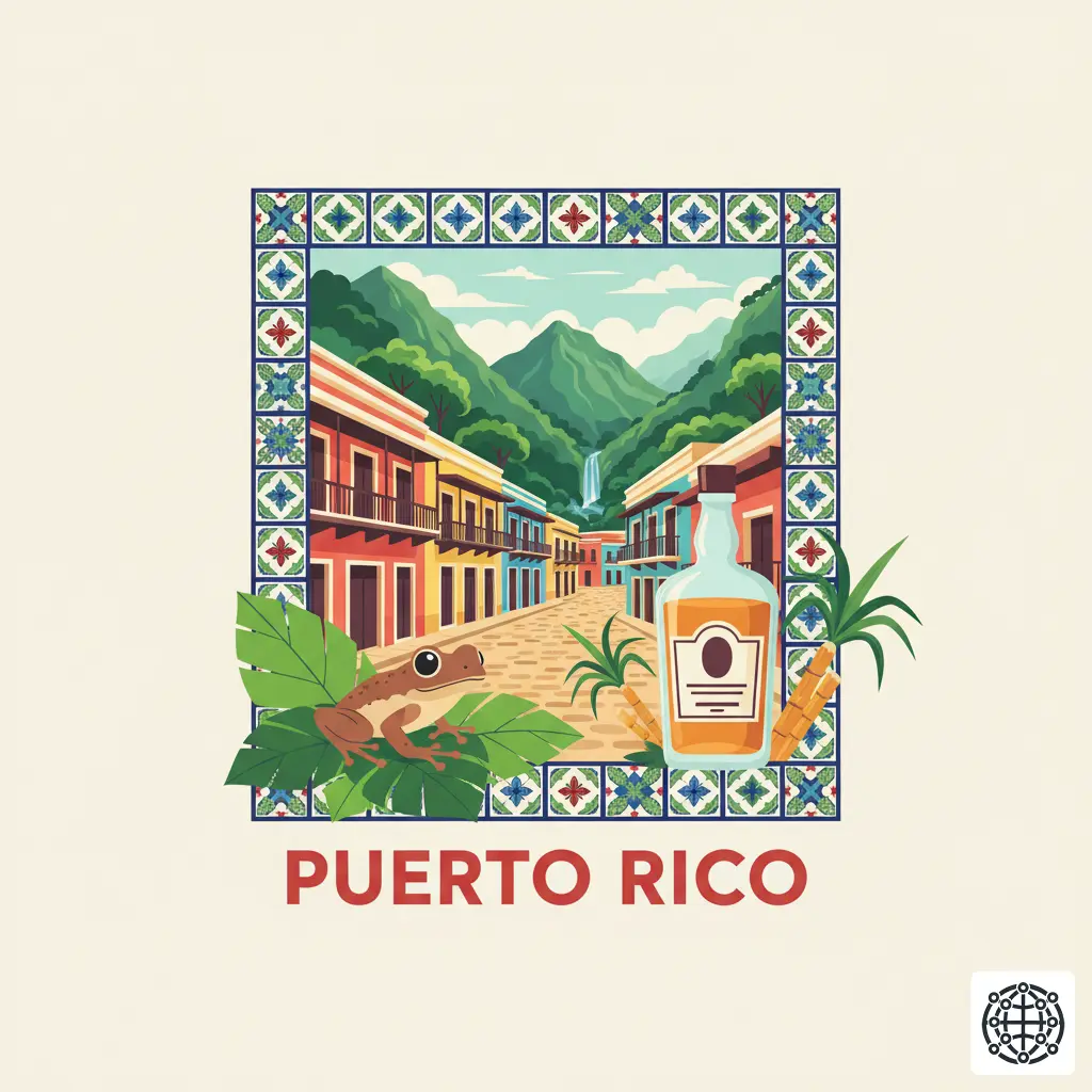 A stylized, modern illustration of Puerto Rico, featuring a colorful street in Old San Juan, El Yunque National Forest, a Coquí frog, and a bottle of rum.