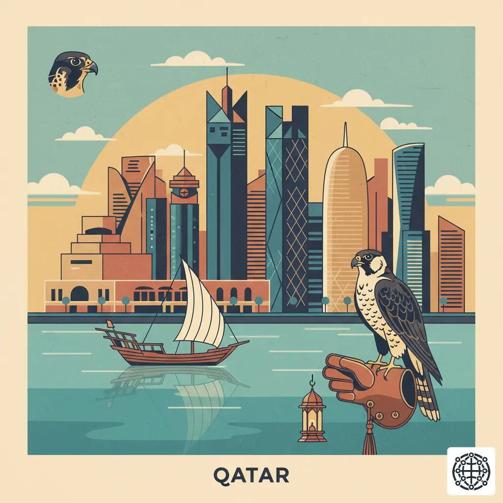 A stylized, modern illustration of Qatar, featuring the Doha skyline with its unique architecture, a traditional dhow boat, a falcon, and the Museum of Islamic Art.