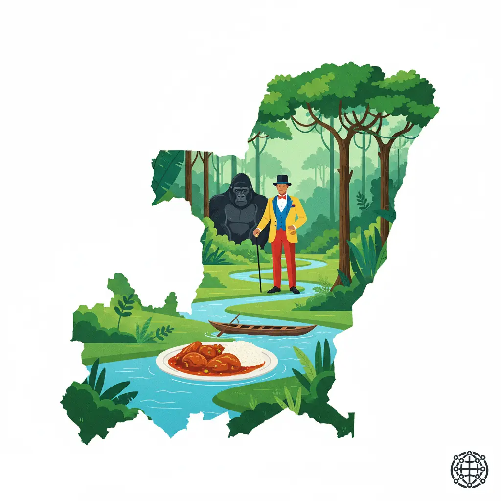 A stylized, modern illustration of the Republic of the Congo, featuring a Sapeur in an elegant suit, a gorilla in the rainforest, the Congo River with a pirogue, and a plate of Poulet Moambé.