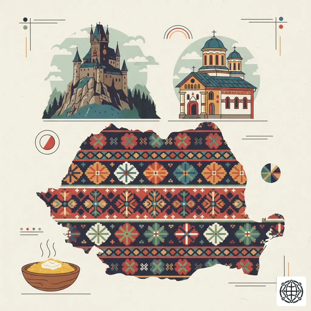 A stylized, modern illustration of Romania, featuring a Transylvanian castle, a painted monastery, a traditional folk pattern, and a bowl of mămăligă.
