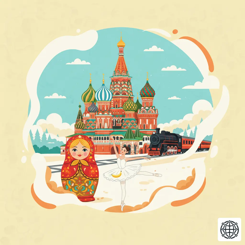 A stylized, modern illustration of Russia, featuring St. Basil's Cathedral, a Matryoshka doll, a ballet dancer, and the Trans-Siberian Railway.