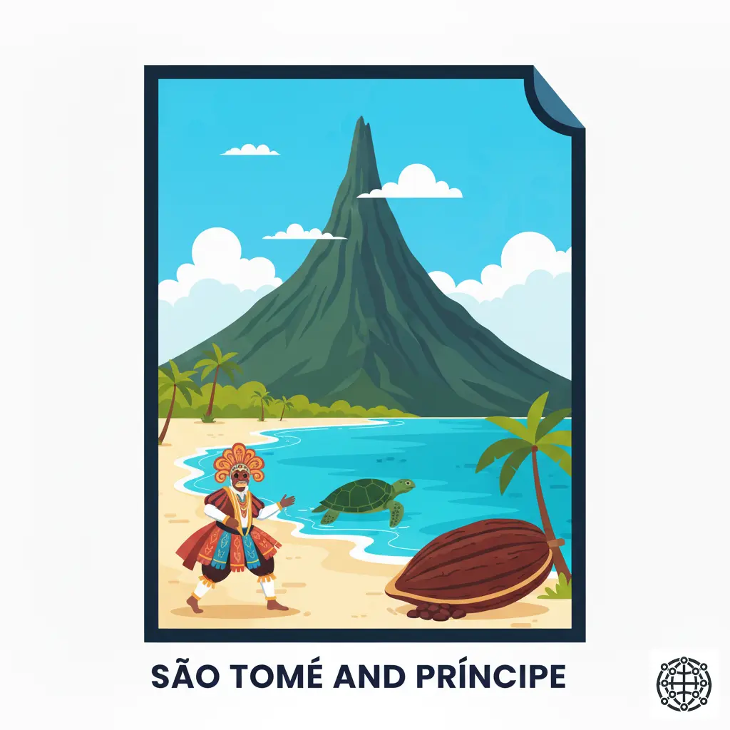 A stylized, modern illustration of São Tomé and Príncipe, featuring the Pico Cão Grande, a cocoa pod, a sea turtle on a pristine beach, and a traditional Tchiloli performer.