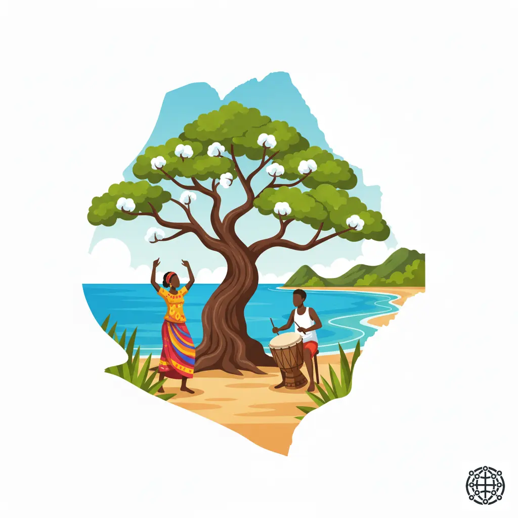 A stylized, modern illustration of Sierra Leone, featuring the iconic Cotton Tree in Freetown, a woman wearing a colorful lappa, a traditional gumbay drum, and a coastal scene with the Banana Islands.