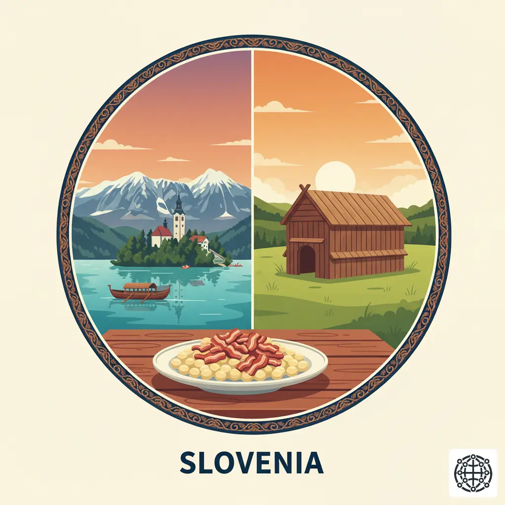A stylized, modern illustration of Slovenia, featuring Lake Bled with its island church, the Julian Alps, a traditional 'kozolec' hayrack, and a plate of Idrijski Žlikrofi.