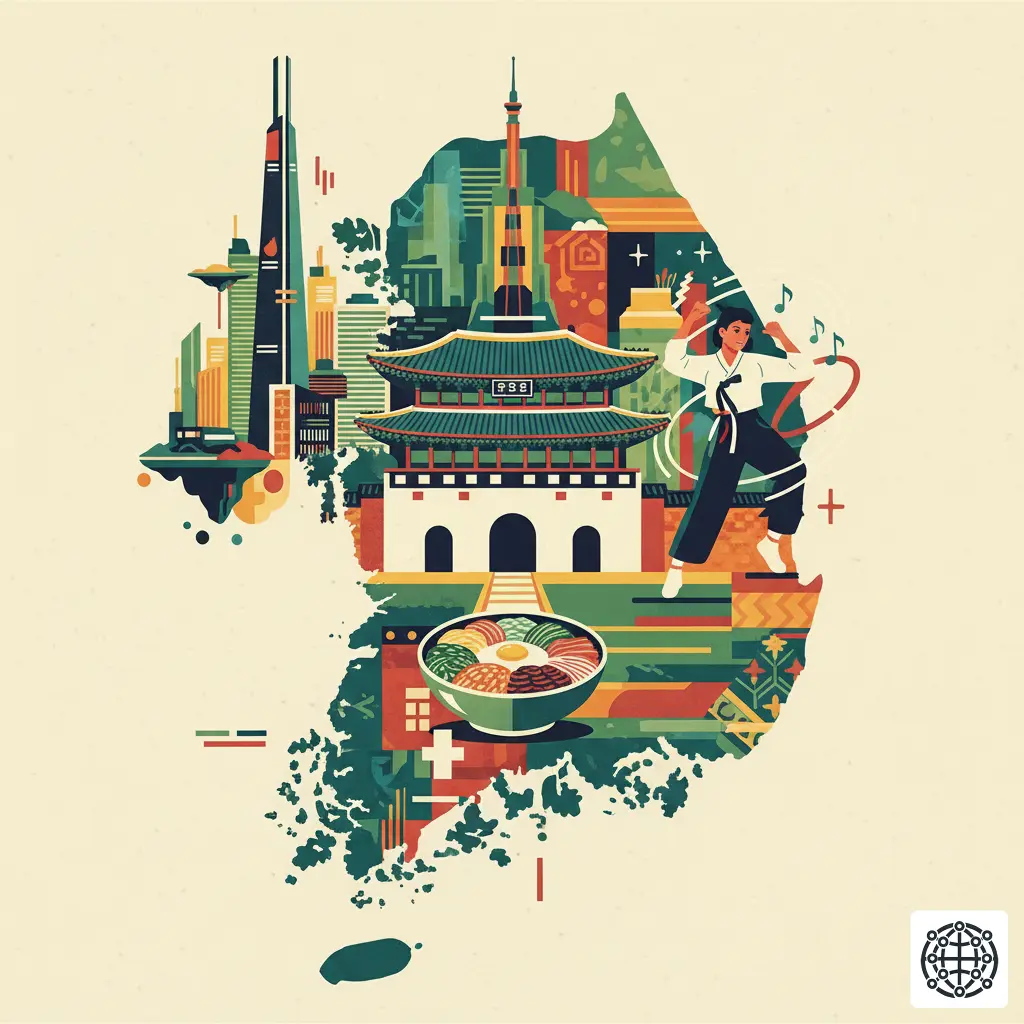 A stylized, modern illustration of South Korea, featuring a traditional palace, a K-Pop dancer, a bowl of bibimbap, and a futuristic city skyline.