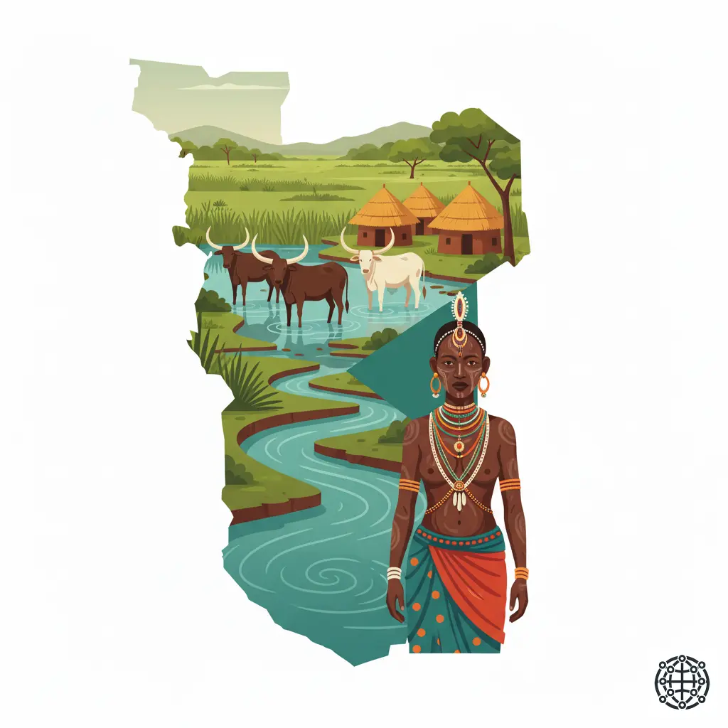 A stylized, modern illustration of South Sudan, featuring the Sudd wetlands with Dinka cattle, a traditional tukul hut, a woman from the Mundari tribe with elaborate adornments, and the White Nile River.