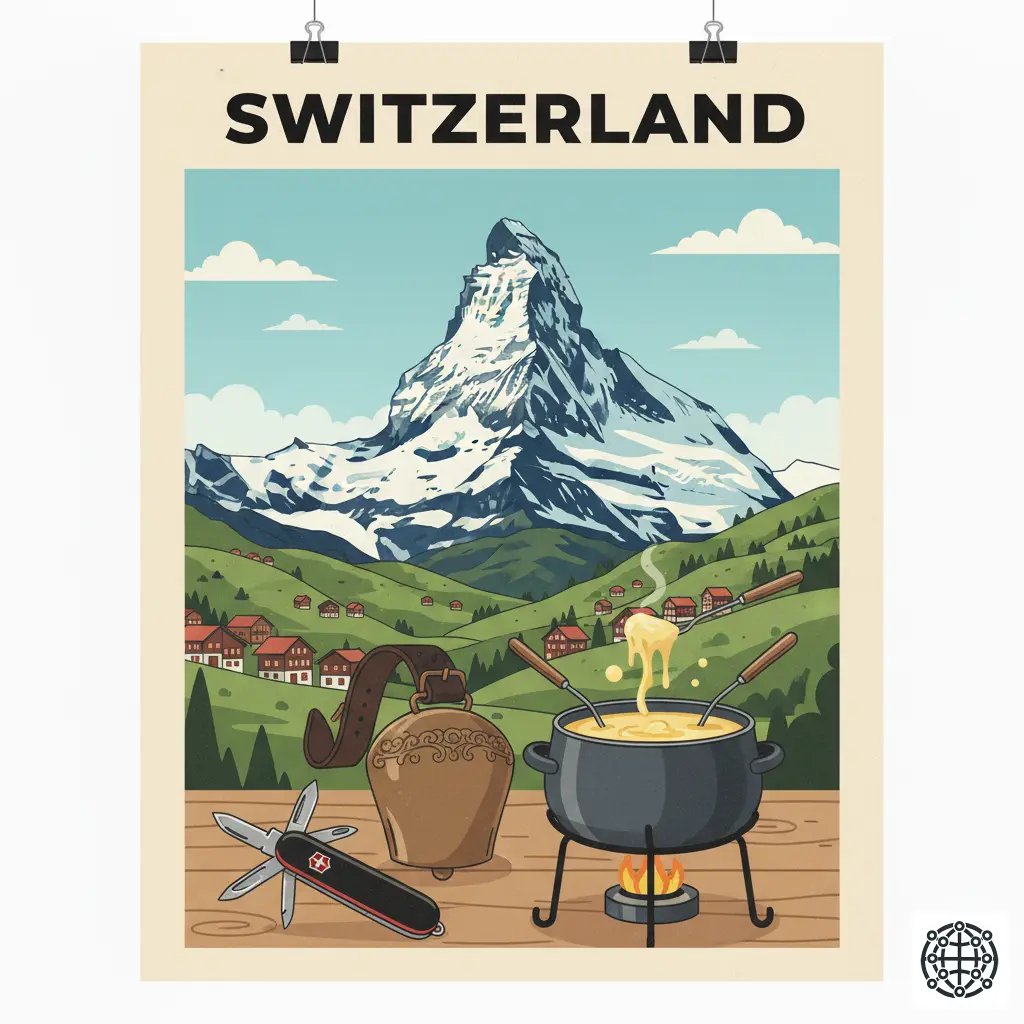 A stylized, modern illustration of Switzerland, featuring the Matterhorn, a pot of cheese fondue, a Swiss Army knife, and a traditional cowbell.