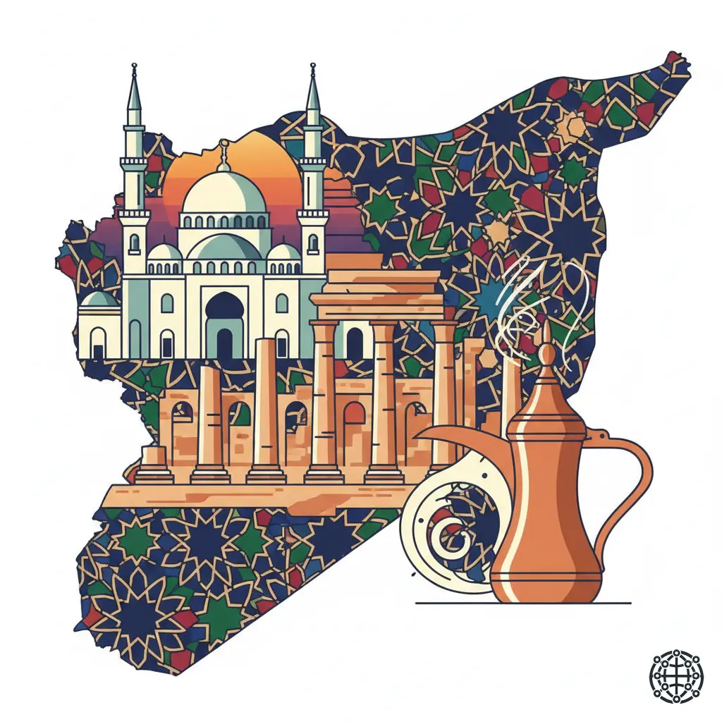 A stylized, modern illustration of Syria, featuring the Umayyad Mosque, the ancient ruins of Palmyra, a traditional Damascene coffee pot, and intricate mosaic patterns.