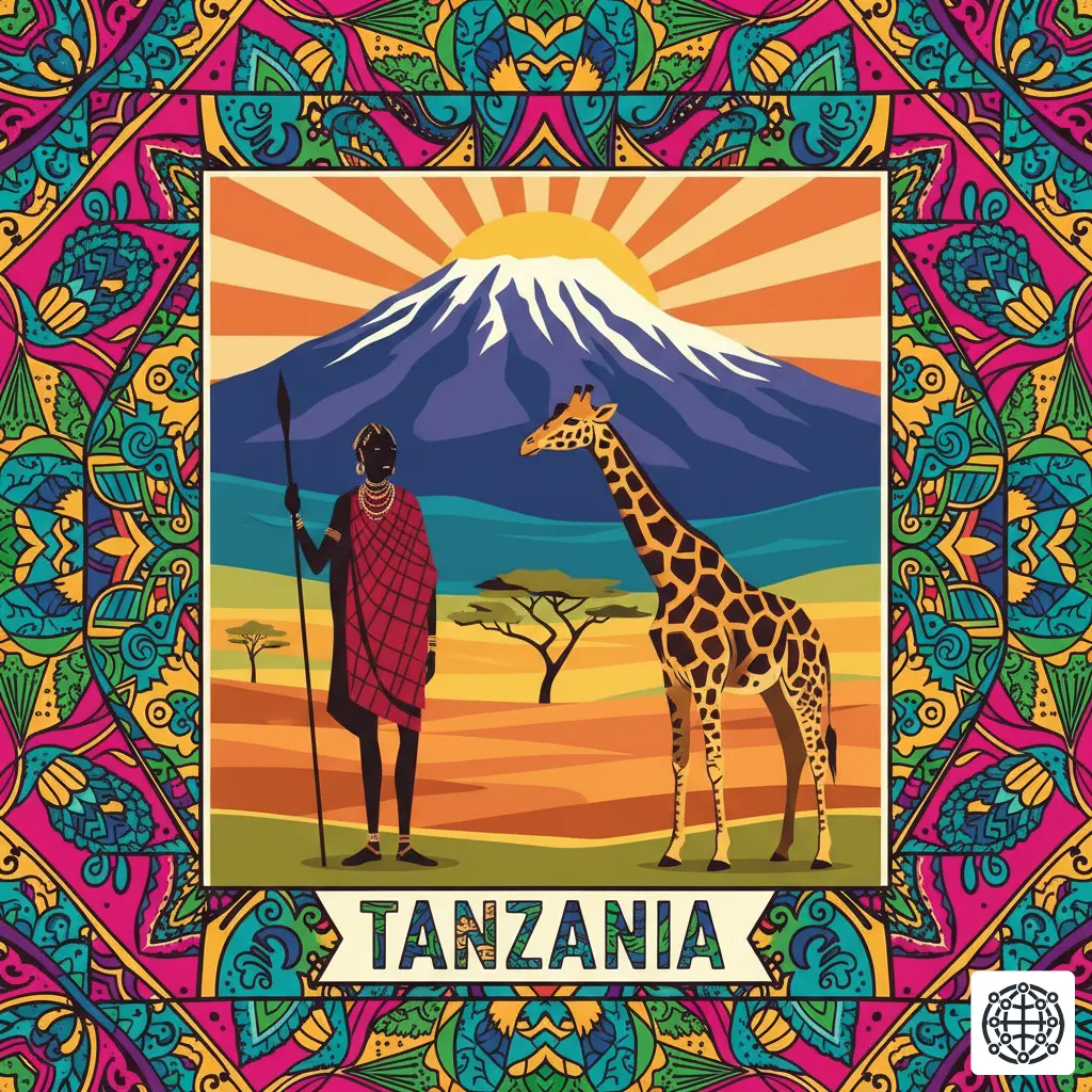 A stylized, modern illustration of Tanzania, featuring Mount Kilimanjaro, a Maasai warrior, a giraffe on the Serengeti plains, and a colorful kanga cloth pattern.