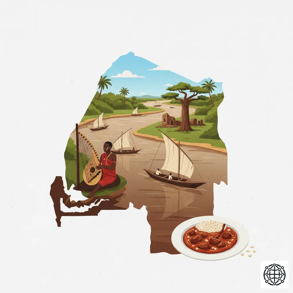 A stylized, modern illustration of The Gambia, featuring a traditional pirogue on the Gambia River, a musician playing the kora, the Kunta Kinteh Island, and a plate of Domoda.