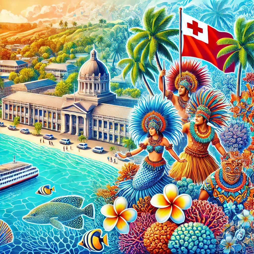 A colorful illustration of Tonga, featuring Nuku'alofa, coral reefs, traditional Lakalaka dance, and tropical landscapes.