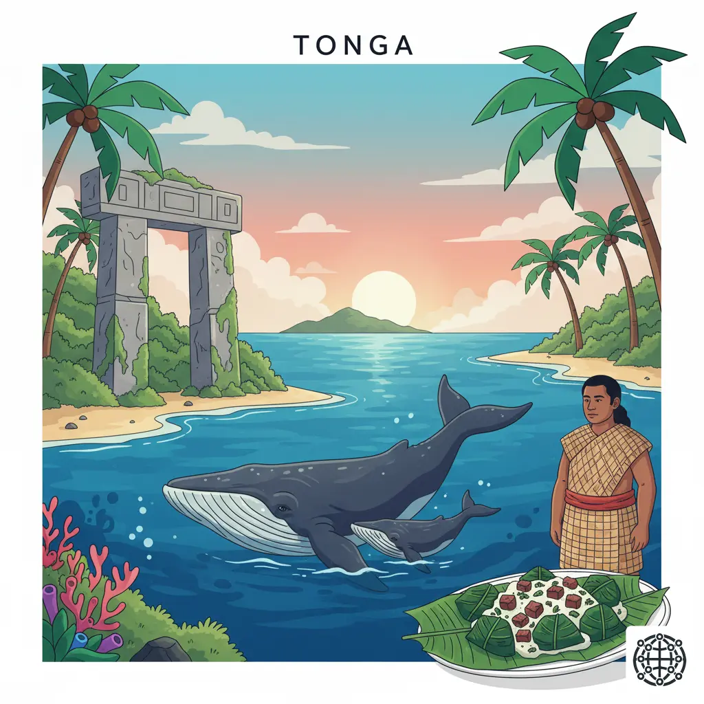 A stylized, modern illustration of Tonga, featuring the Ha'amonga 'a Maui trilithon, a humpback whale, a person wearing a ta'ovala, and a plate of Lu Pulu.