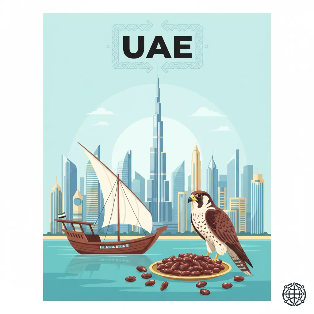 A stylized, modern illustration of the UAE, featuring a futuristic city skyline with the Burj Khalifa, a traditional dhow boat, a falcon, and a plate of dates.