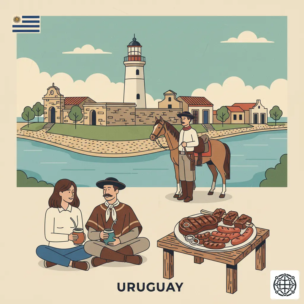 A stylized, modern illustration of Uruguay, featuring the historic quarter of Colonia del Sacramento, a couple drinking mate, a gaucho with a horse, and a plate of asado.