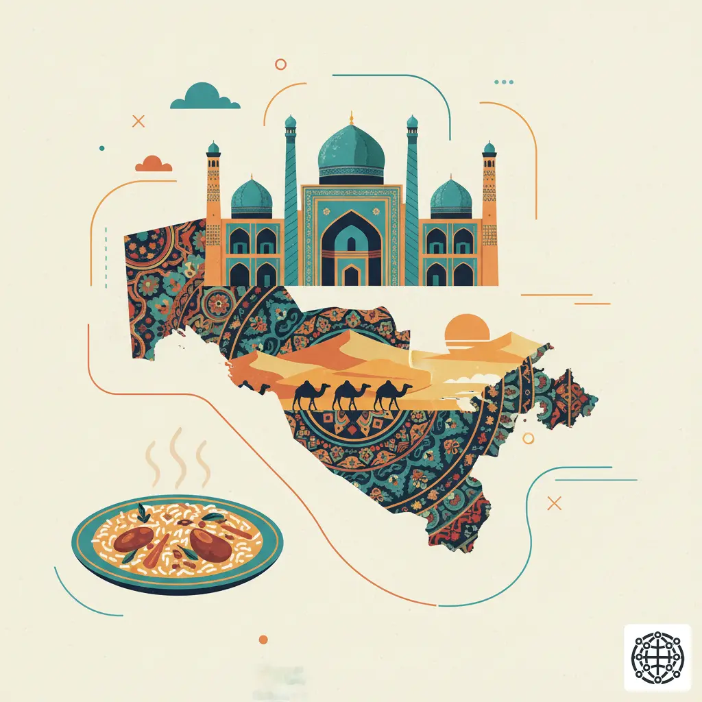 A stylized, modern illustration of Uzbekistan, featuring the Registan in Samarkand, a plate of Plov, intricate Suzani patterns, and a caravan of camels.