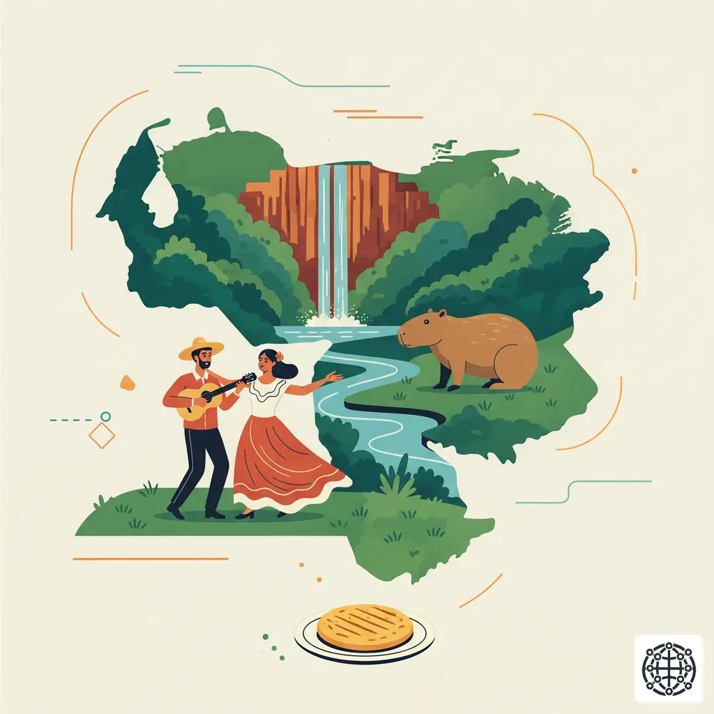 A stylized, modern illustration of Venezuela, featuring Angel Falls, a couple dancing Joropo, a capybara, and an arepa.