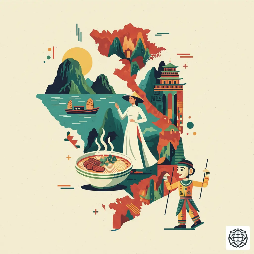 A stylized, modern illustration of Vietnam, featuring Ha Long Bay, a person in a traditional Ao Dai, a bowl of Pho, and a water puppet.