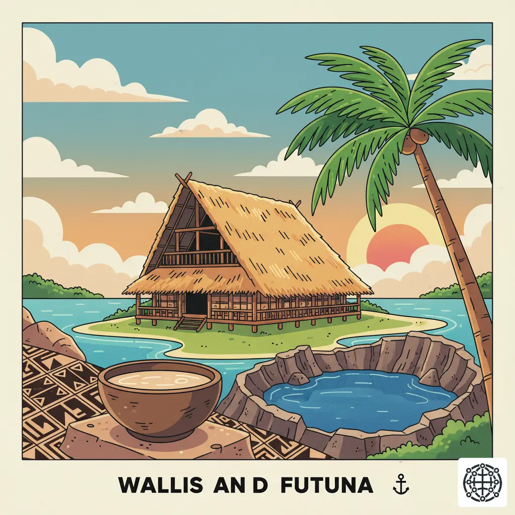 A stylized, modern illustration of Wallis and Futuna, featuring a traditional fale, a volcanic crater lake, a tapa cloth pattern, and a kava bowl.